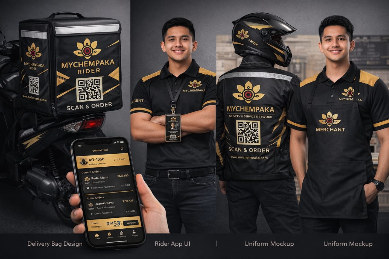 Gambar identiti agent MyChempaka bersama kit penghantaran, uniform, dan aplikasi