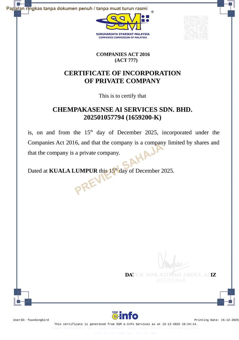Paparan ringkas sijil SSM CHEMPAKASENSE AI SERVICES SDN. BHD.